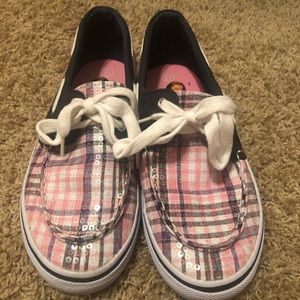 Pink and Navy Plaid Kids Boat Shoes size 5.5